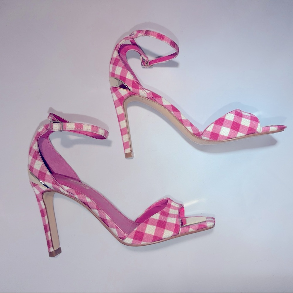 Guess - Pink Gingham Heels with Gold/metallic toe pads and on heel